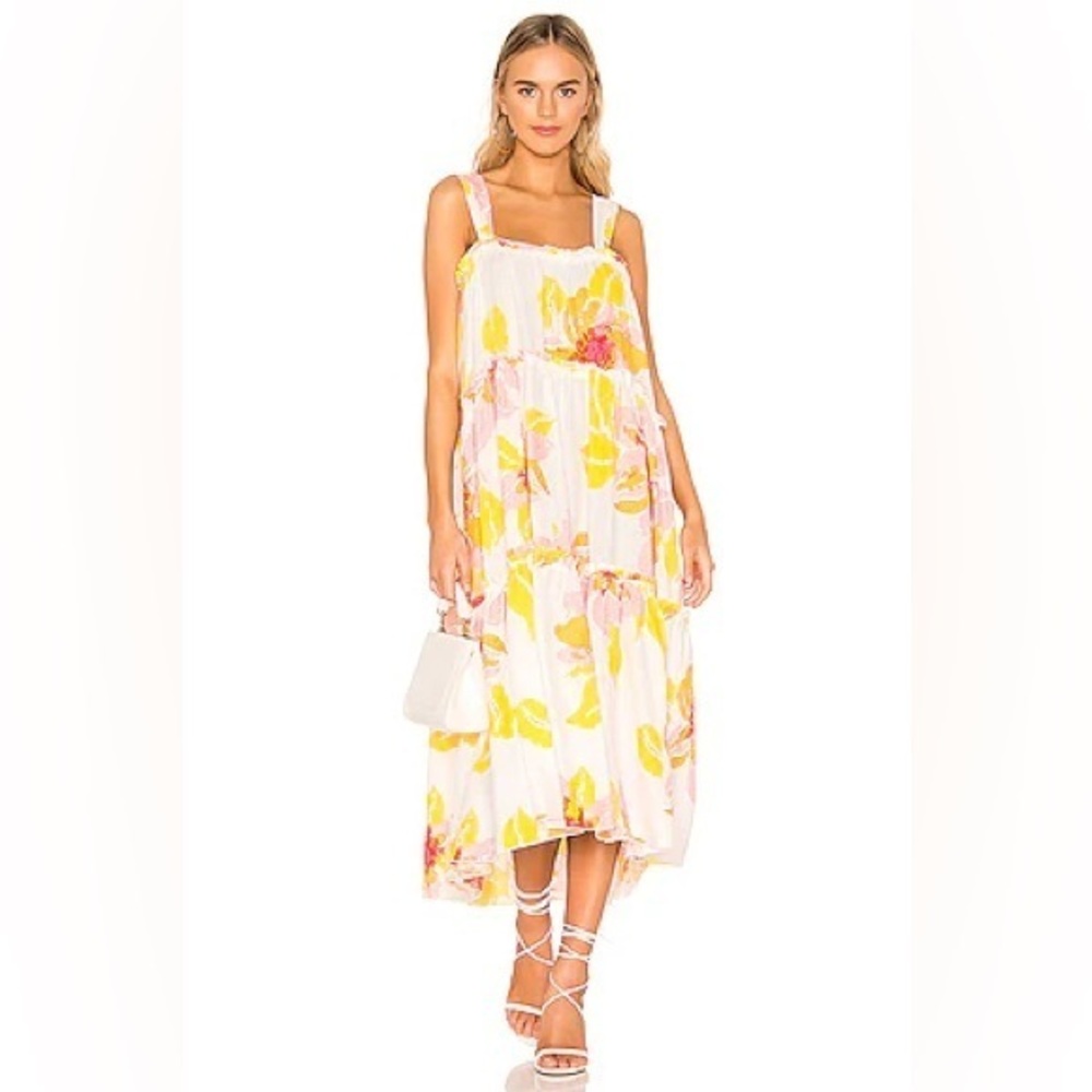 Free People Women's Moonshine Linen Blend Floral Midi Dress Neutral Boho Size M - Picture 1 of 10